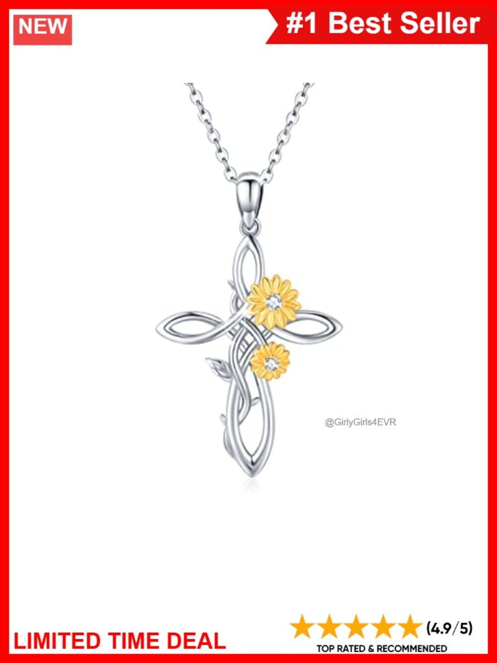 Sterling Silver Sunflower Cross Pendant Necklace 18+2 Inch Gift for Women